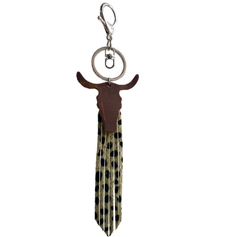 Wholesale 3pcs/pack Leather Bull Head Tricolor Leopard Tassel Keychain